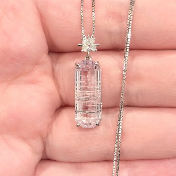 18K Rutilated Rose Quartz Diamond Necklace, White Gold, Floral, Pink Gem, Luxury